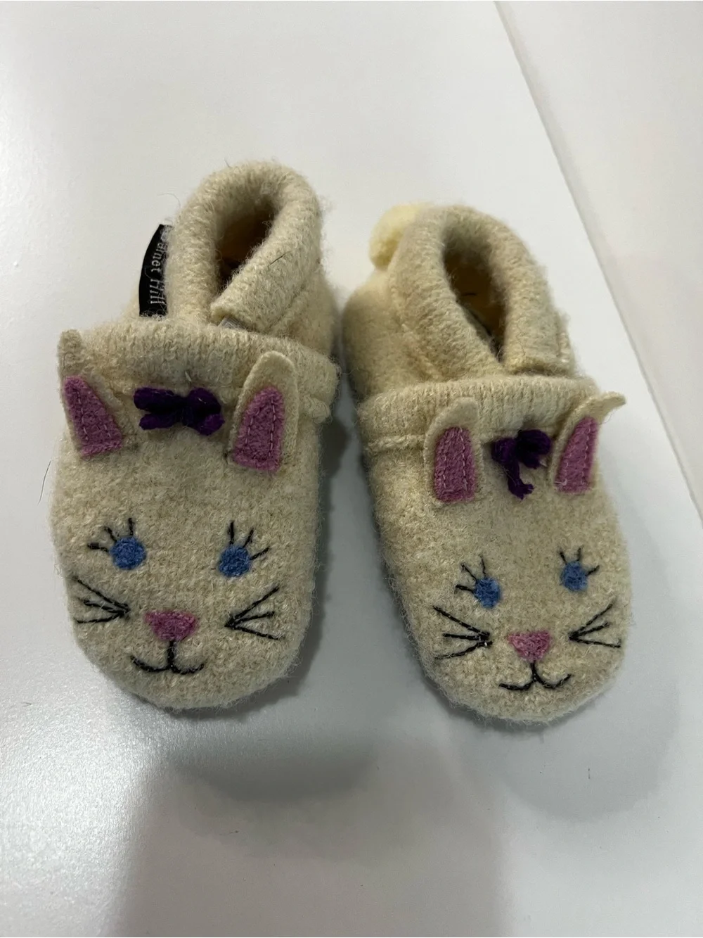 Garnet Hill Baby Boiled Wool Bunny Slippers Cream Embroidered Animal House Shoes